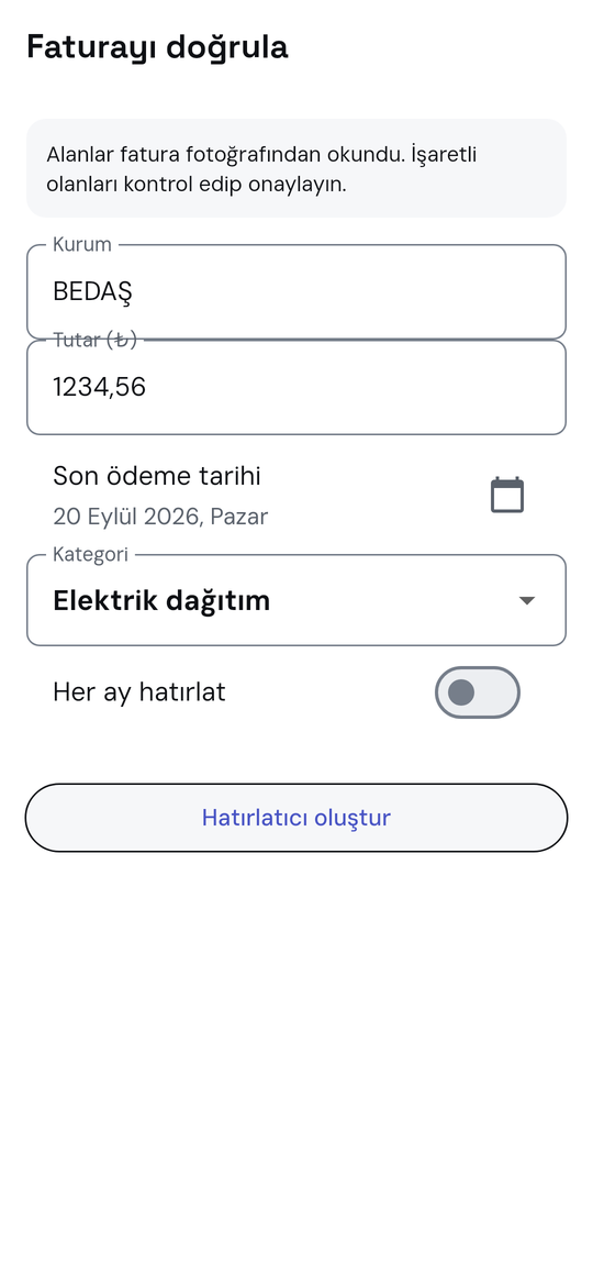 Confirm screen: provider, amount and due date read from the photo, saved only after review