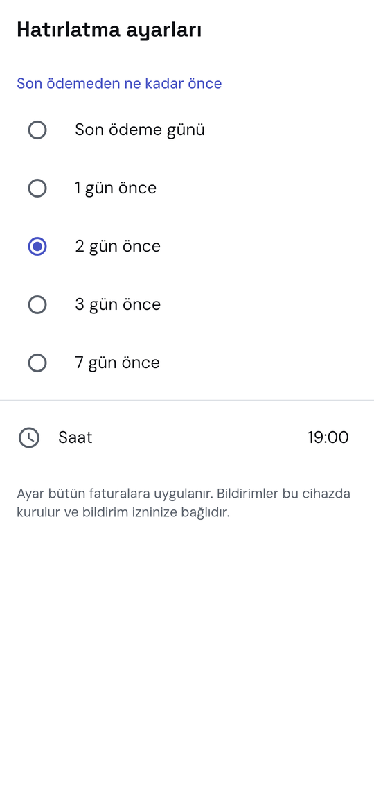 Reminder settings: how many days before the due date, and at what time