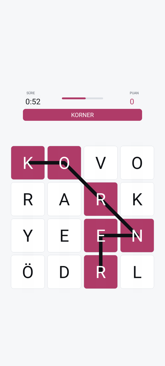 Mid-round: chaining neighbouring letters into the word KORNER