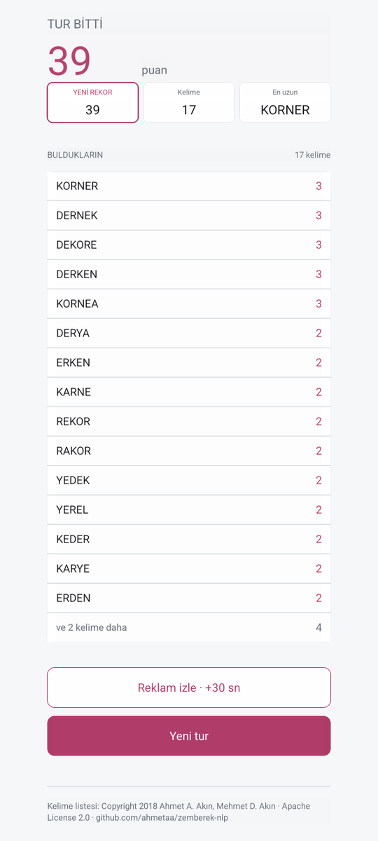 End of round: 39 points, a new record and 17 words found