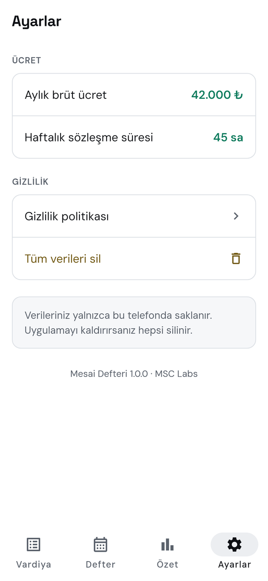Settings: monthly wage, and a note that data stays on the phone